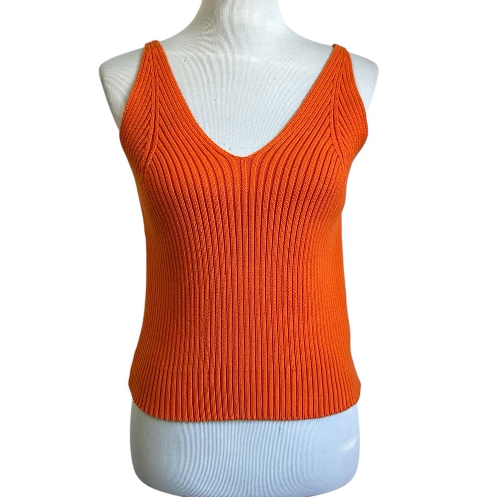 FRNCH Paris Womens Ribbed V Neck Sweater Tank Top Sz Medium Orange